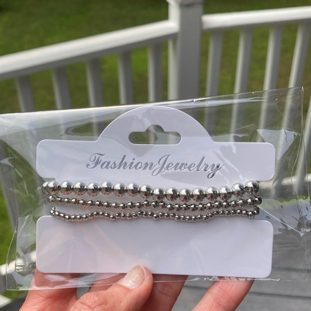 Set of 3 Silver Beaded Stretchy bracelets.  NWT.. handmade.